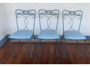 Vintage Set Of 3 Outdoor Wrought Iron Patio Chairs With Blue Cushions