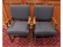 Pair Of Stylish Hand Carved Wooden Armchairs With Blue Upholstery