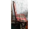 Hand Carved Wooden Chair With Red Plaid Seat Cushions