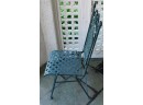 Rare Pair Of Green Wrought Iron Folding Patio Chairs With Woven Style Seat Leaf Design