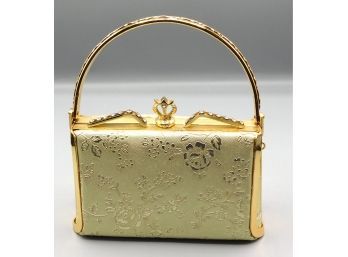 Vintage Stylish Rare Ornate Gold Tone Clutch Hand Bag With Floral Foe Diamond Design
