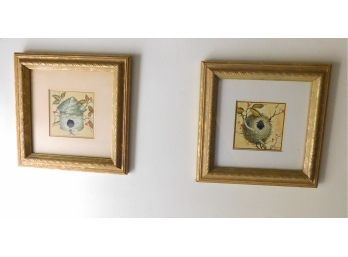 Bird House And Birds Nest Framed Art Prints With Wooden Frames - Set Of 2