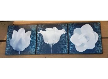Set Of Matching White And Black Floral Wooden Artwork Pieces