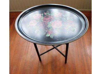 Vintage Black Metal Art Tole Tray With Floral Tole Design And Folding Serving Stand