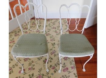 Wrought Iron Chairs With Green Cushioned Seats - Pair Of 2