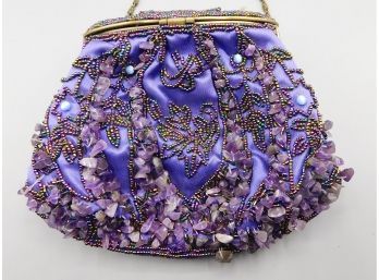Stunning Vintage Purple Amethyst And Beaded Purse With Gold Tone Chain
