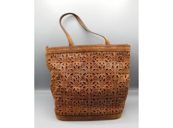 Vintage Leather Tote Bag With Floral Design
