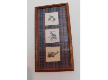 Decorative 3 Panel Artwork With Plaid Borders In Wooden Frame