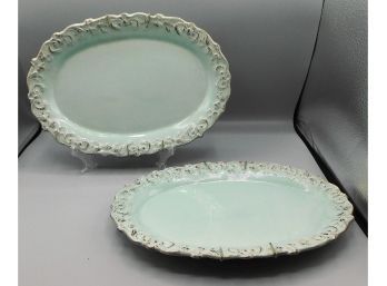 Blue Ornate Trim Oval Plates - Set Of Two