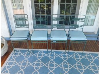 Vintage Wrought Iron Patio Chairs With Blue Cushions