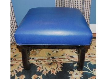 Blue Leather Ottoman With Wooden Frame