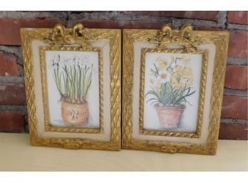 Lovely Floral Artwork In Decorative Gold Tone Frames - Pair Of 2
