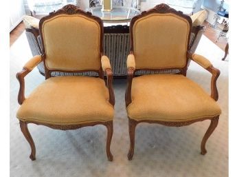 Stylish Antique Hand Carved French Armchairs With Yellow Fabric Upholstery