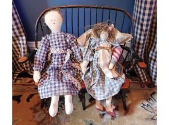 Vintage Adorable Stuffed Rag Dolls With Bench - Lot Of 3