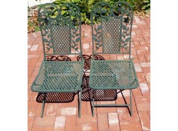 Vintage Leaf Design Green Wrought Iron Folding Chairs - Pair Of 2