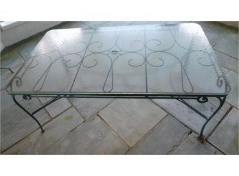Large Green Wrought Iron Patio Table With Glass Top