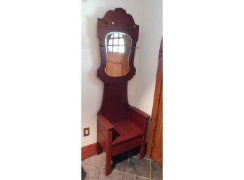 Stylish Red Wooden Mirrored Hall Tree/Coat Rack With Bottom Storage Compartment