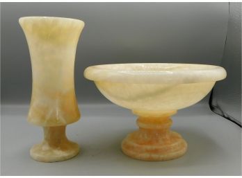Decorative Alabaster Style Stone Vase And Stemmed Bowl - Matching Set