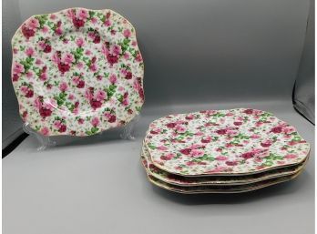 Set Of 4 Square Floral Pink Floral Plates