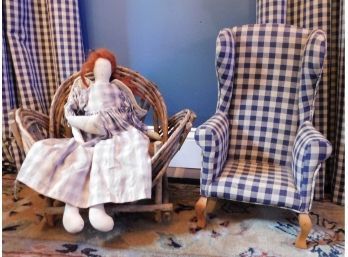 Stuffed Doll With Plaid And Wicker Chairs