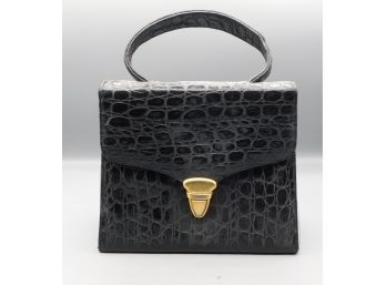 Vintage Black Alligator Inspired Handbag With Gold Tone Clasp