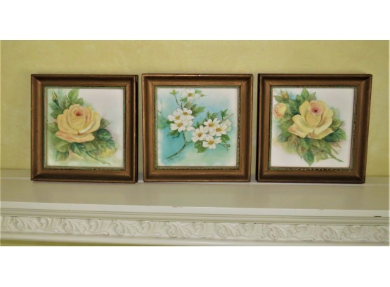 J. Schumacher Flower Themed Framed Tiles - Set Of 3