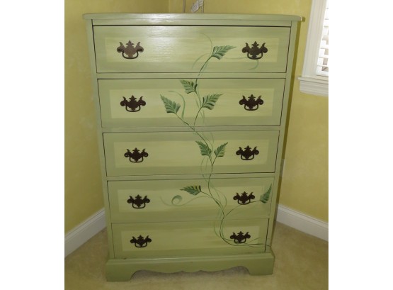 Lovely Dresser With 5-drawers: Painted Green-Tone, Ivy Leaf Design