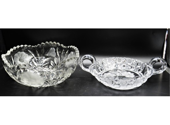 Cut Glass Bowl With Cornflowers And Hebrew Star & Handled Glass Bowl/candy Dish