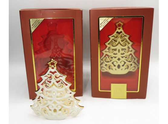 Lenox  'bright Christmas Tree' Tealight Holders & Candles - Set Of 2 - NEW