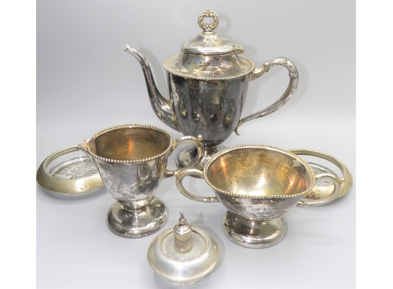 Silver Plated Teapot, Creamer, Sugar Bowl, Ash Trays & Lighter