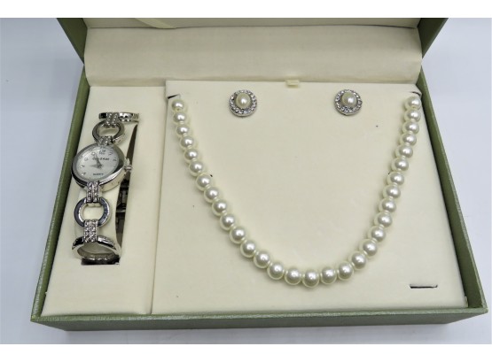 Charming Cote D' Azur Faux Pearl Necklace, Earrings And Watch - NEW