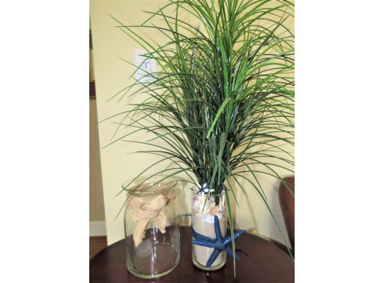 Decorative Glass Vase With Sand/shells/starfish & Artificial Plant & Glass Vase With Burlap Bow