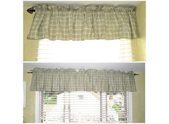 Adorable Waverly Green Checked Curtain Valances & Curtain Rods - Set Of 2