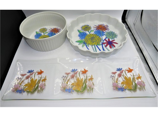 Xanadu 'toscany' Fine China (2) Baking Dishes & Glass 3-section Floral Tray