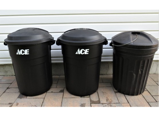 ACE Rubbermaid Roughneck 32 Gallon Trash Cans With Lids (set Of 2) & One Black Trash Can