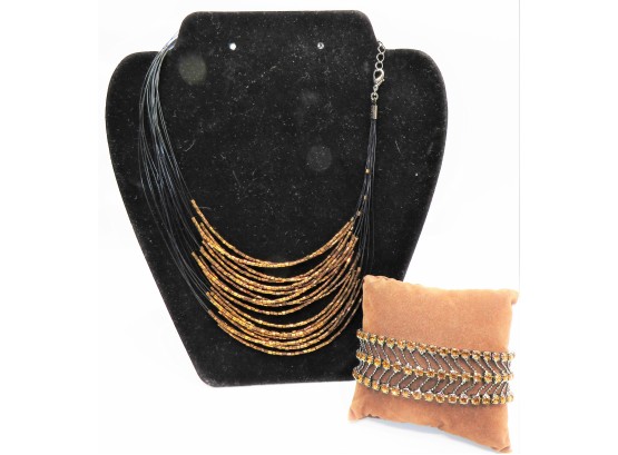 Elegant Copper-toned Costume Jewelry Necklace And Elastic Stone Bracelet