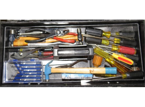 Handy Tool Box With Assorted Tools Hammer, Screwdrivers, Wrench, Pliers, Drill Set And More.