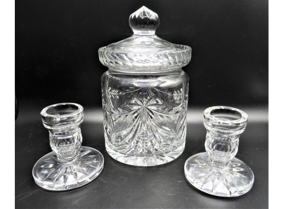 Elegant Glass Candlestick Holders (2) & Glass Cannister With Lid