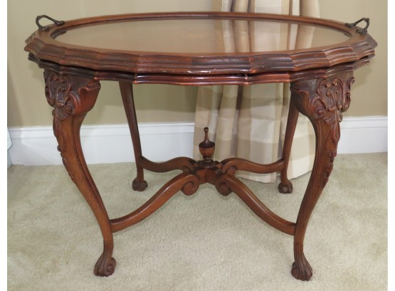 Antique French Style Mahogany Inlaid Carved Server Tray Table Floral Center