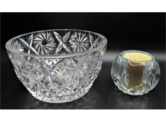 Cut Glass Bowl & 'Homco' Glass Candle Holder With Candle - Assorted Set Of 2