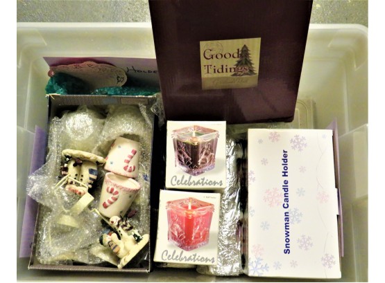 Assorted Lot Of Christmas Decorations Including Snowman Candle Holder, Celebrations Candles & More