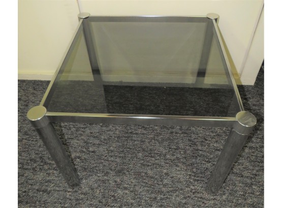Vintage Pair Of Chrome Metal Side Tables With Smoked Glass Top - Set Of 2