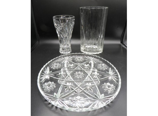 Cut Glass Vases (2) & Cut Glass Plate