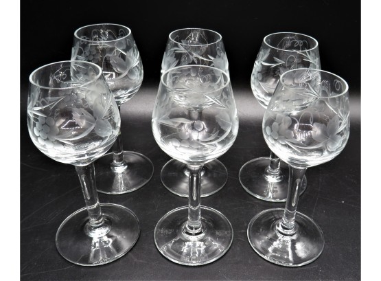 Small Stemmed Etched Glass Cordial Glasses - Set Of 6