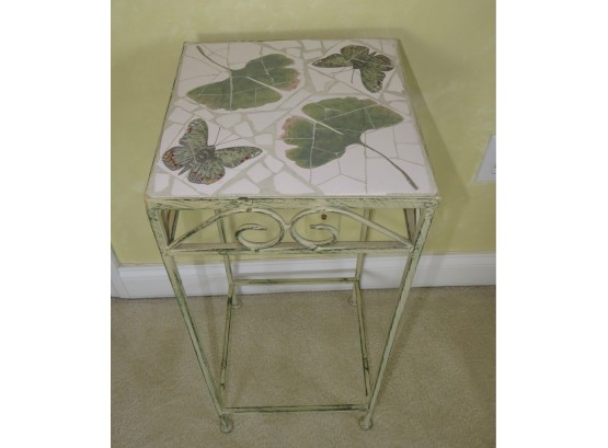 Metal Accent/plant Table With Ceramic Tile Top With Butterflies And Leaves