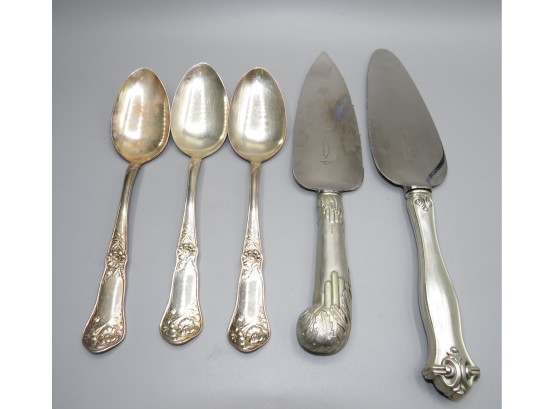 Onieda Community Reliance Plate A1 (3)Serving Spoons & Sheffield England Stainless Steel (2) Cake Servers