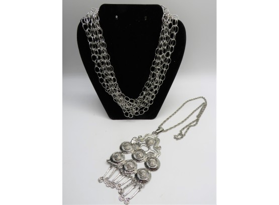 Multi-strand Silver-tone Necklace & Dangling Ornate Necklace - Set Of 2