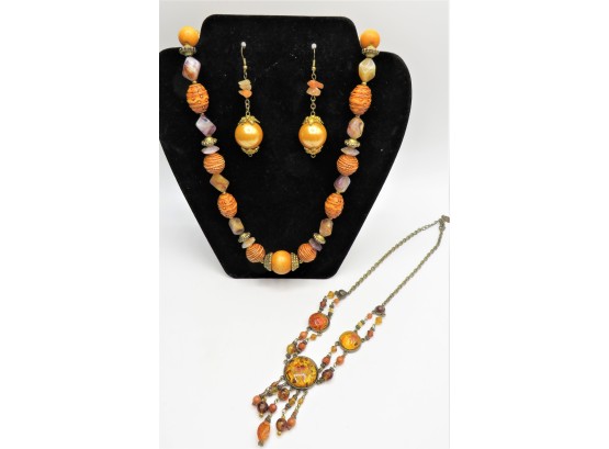 Beautiful Large Beaded Orange-tone Necklace, Amber-tone Dangling Necklace & Handing Beaded Earrings