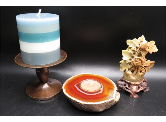 Assorted Set Of 3 - Candle Stand With Striped Candle, Tealight Holder & Carved Stone Figurine