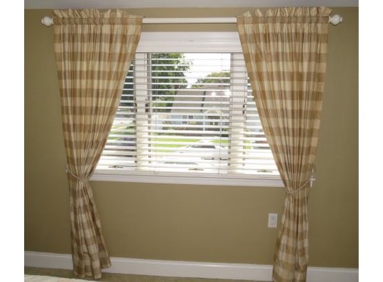 Charming Tan Checked Panel Curtains With White Curtain Rod & Tie Backs - 2 Sets